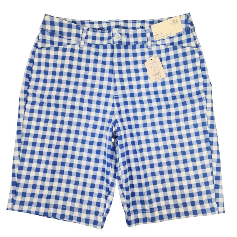 New St Johns Bay Womens 14 34x11" Blue Gingham Secretly Slender Bermuda Shorts